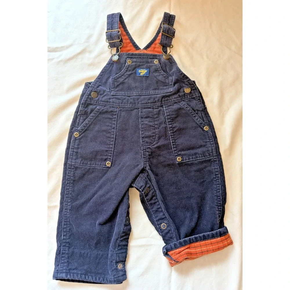OshKosh B'gosh Navy Blue, Orange Flannel Lined Corduroy overalls size 6-9‎ mo